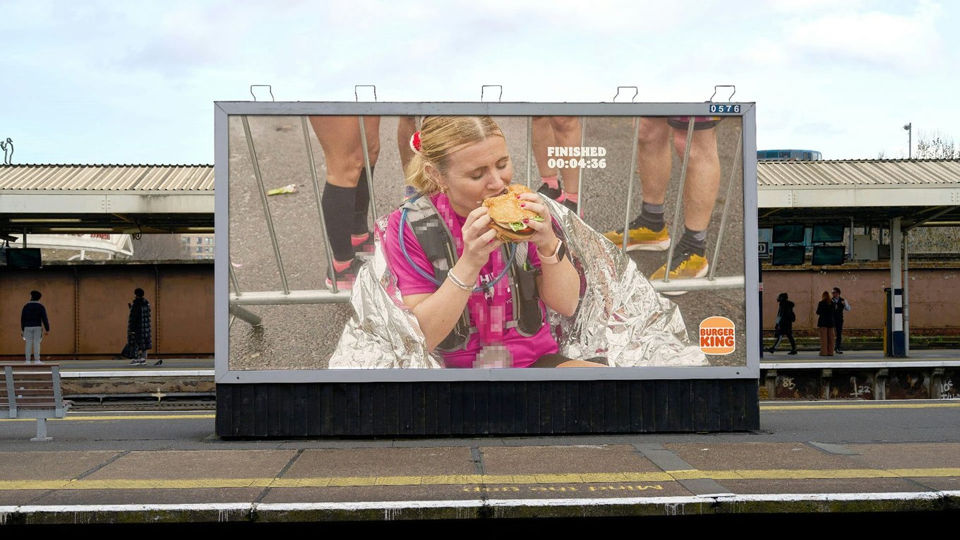 бургер, марафон, реклама, фастфуд, бег