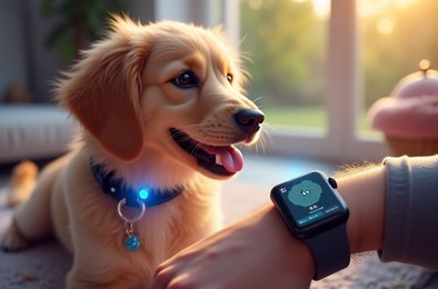 умный ошейник для собак, Apple Watch с отслеживанием питомца, AI трекер здоровья собак, умные технологии для домашних животных, GPS ошейник с записью данных