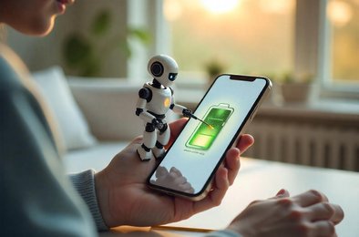 искусственный интеллект Apple, iOS 19 энергосбережение, умная зарядка iPhone, робот на экране смартфона, продление времени работы батареи