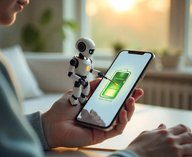 искусственный интеллект Apple, iOS 19 энергосбережение, умная зарядка iPhone, робот на экране смартфона, продление времени работы батареи