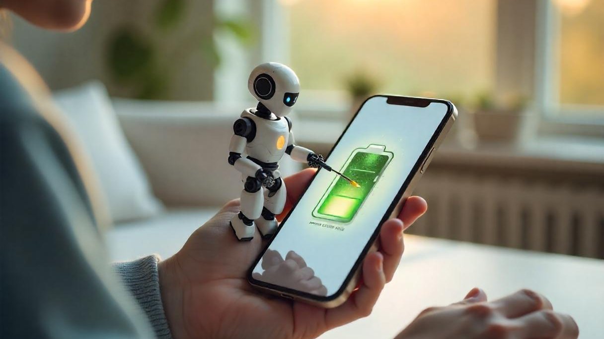 искусственный интеллект Apple, iOS 19 энергосбережение, умная зарядка iPhone, робот на экране смартфона, продление времени работы батареи