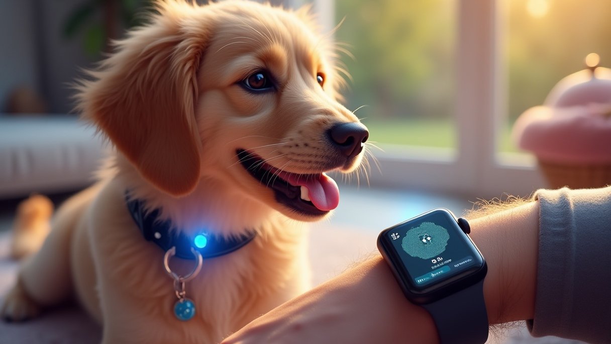умный ошейник для собак, Apple Watch с отслеживанием питомца, AI трекер здоровья собак, умные технологии для домашних животных, GPS ошейник с записью данных